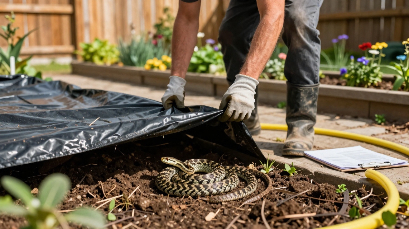 Person lifting garden plastic sheet to reveal coiled snake in soil near flower bed with clipboard and hose nearby