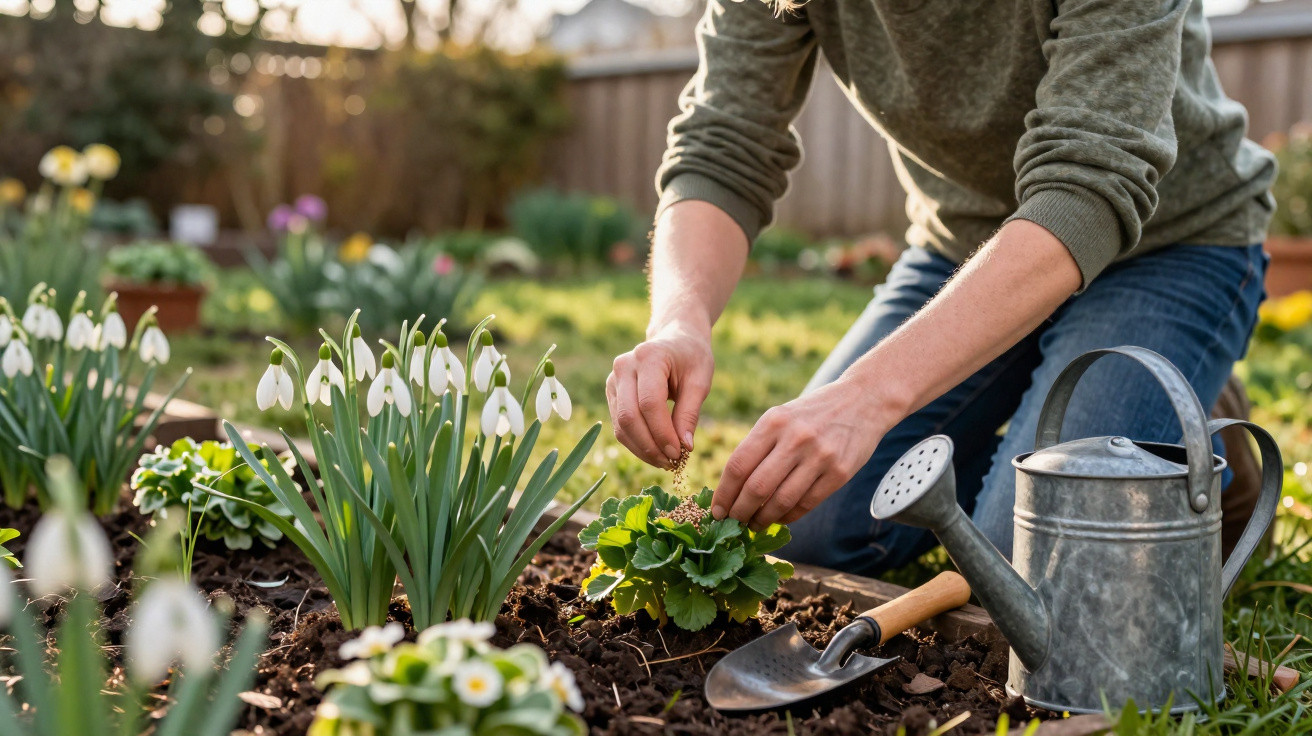 Person planting flowers in a garden bed next to a metal watering can and small hand shovel in sunlight.