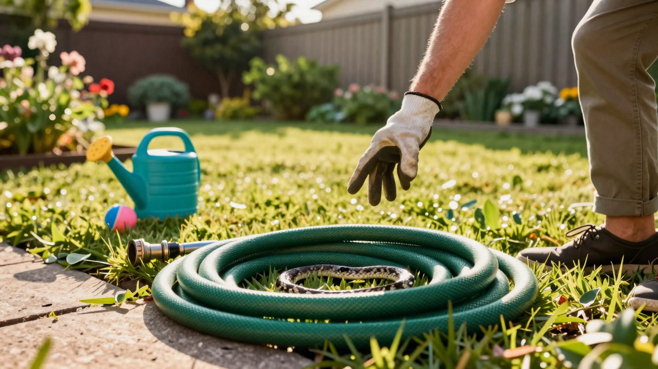 A coiled green garden hose on grass with a person wearing gloves about to pick it up in a sunny backyard.