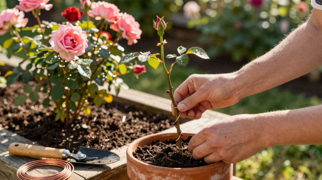 Hands planting a rose cutting in a terracotta pot beside a garden bed with blooming pink and red roses.