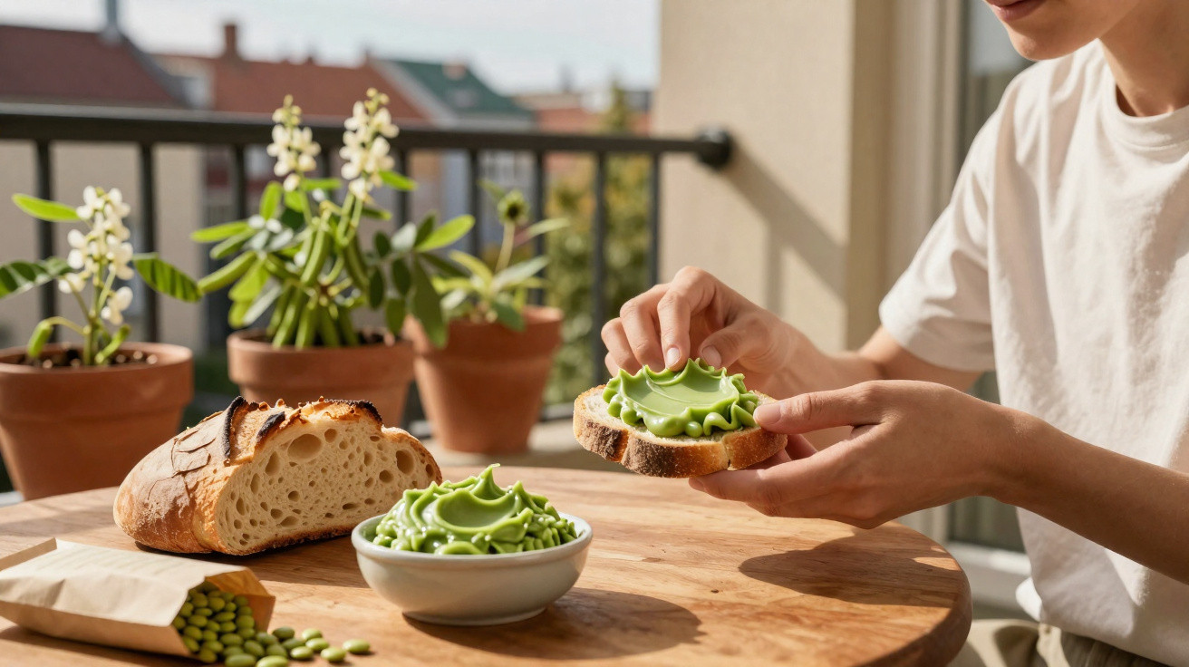 Person spreading green spread on bread slice at a wooden table with bread and plants in the background.