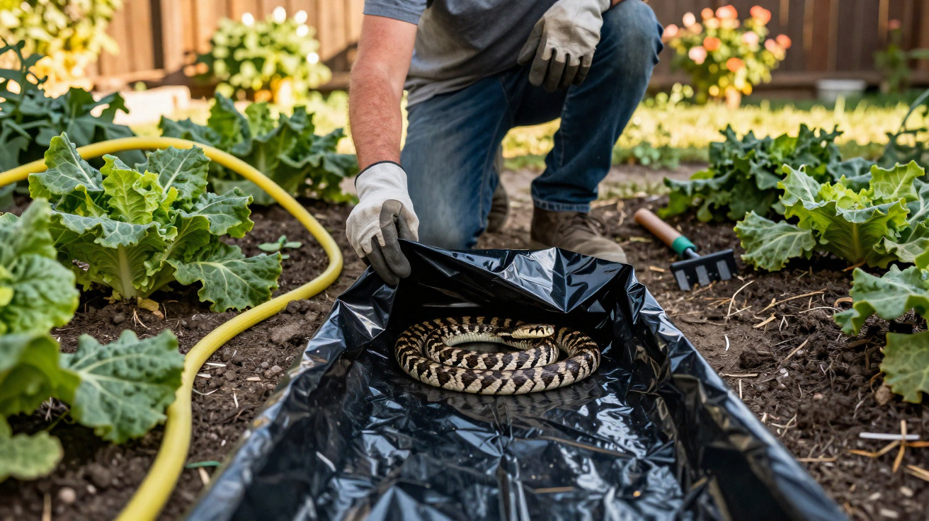 Person wearing gloves handling a coiled snake on black plastic in a garden with leafy plants.