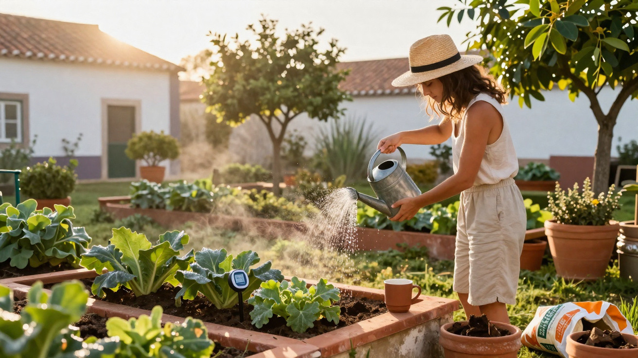 Woman in a hat watering plants in a sunlit raised garden bed with potted plants and a house in the background