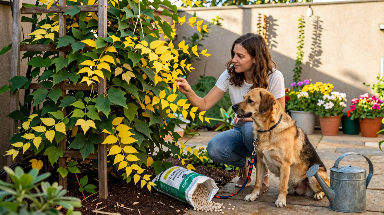 Woman crouching next to a dog while examining yellow leaves on a garden plant with gardening supplies nearby.