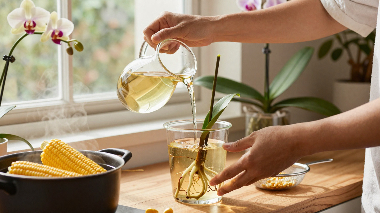 Hands pouring water from a glass jug into a glass with an orchid plant, with corn cobs and orchids nearby.