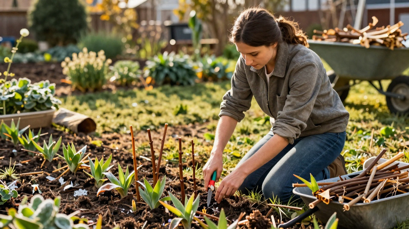 Woman kneeling and planting shoots in a garden bed on a sunny day with gardening tools nearby.