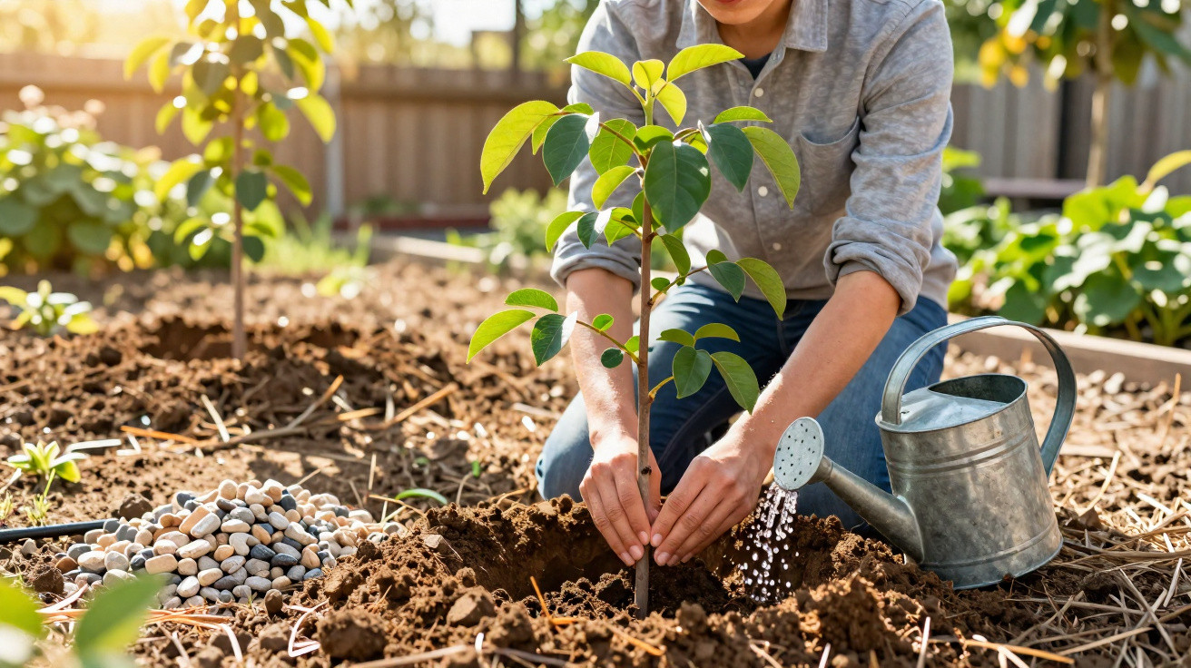 Person planting and watering a young tree in a garden with a metal watering can beside them.