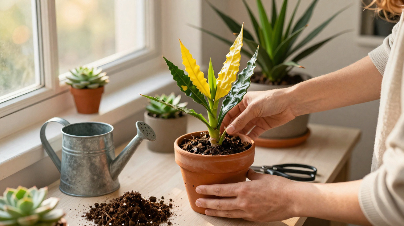 Person repotting a small green and yellow plant on a wooden table beside a window with gardening tools nearby.