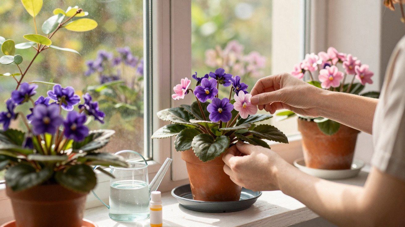 Person tending to potted purple and pink African violets on a sunlit windowsill with watering can nearby.