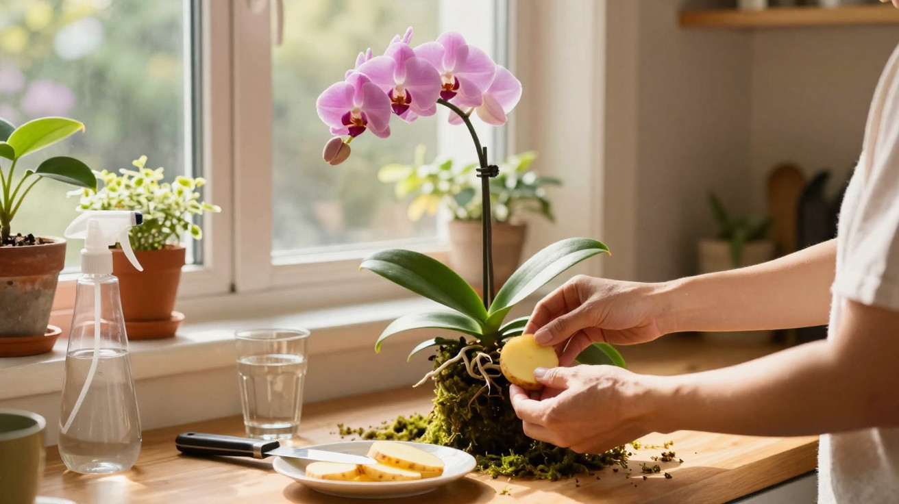 Person cleaning orchid roots with a sponge on a wooden table near a window with other potted plants.