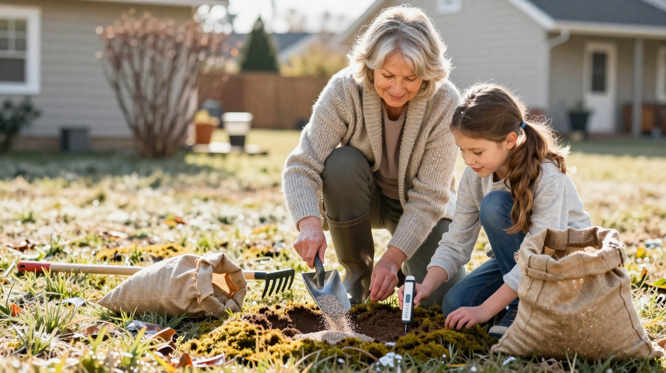 Older woman and young girl planting in a garden, using a small trowel and soil tester, with gardening tools nearby.