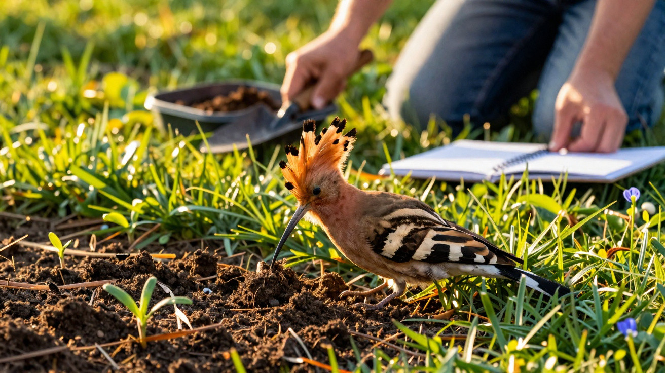 Hoopoe bird with crest foraging on soil near person taking notes on grass in sunlight.