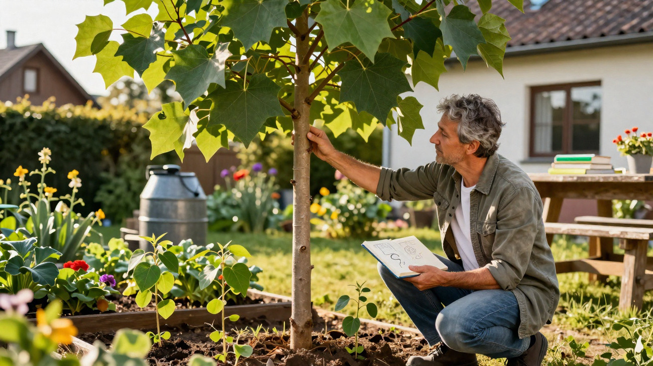 Man examining a young tree in a sunny garden while holding a notebook with sketches.