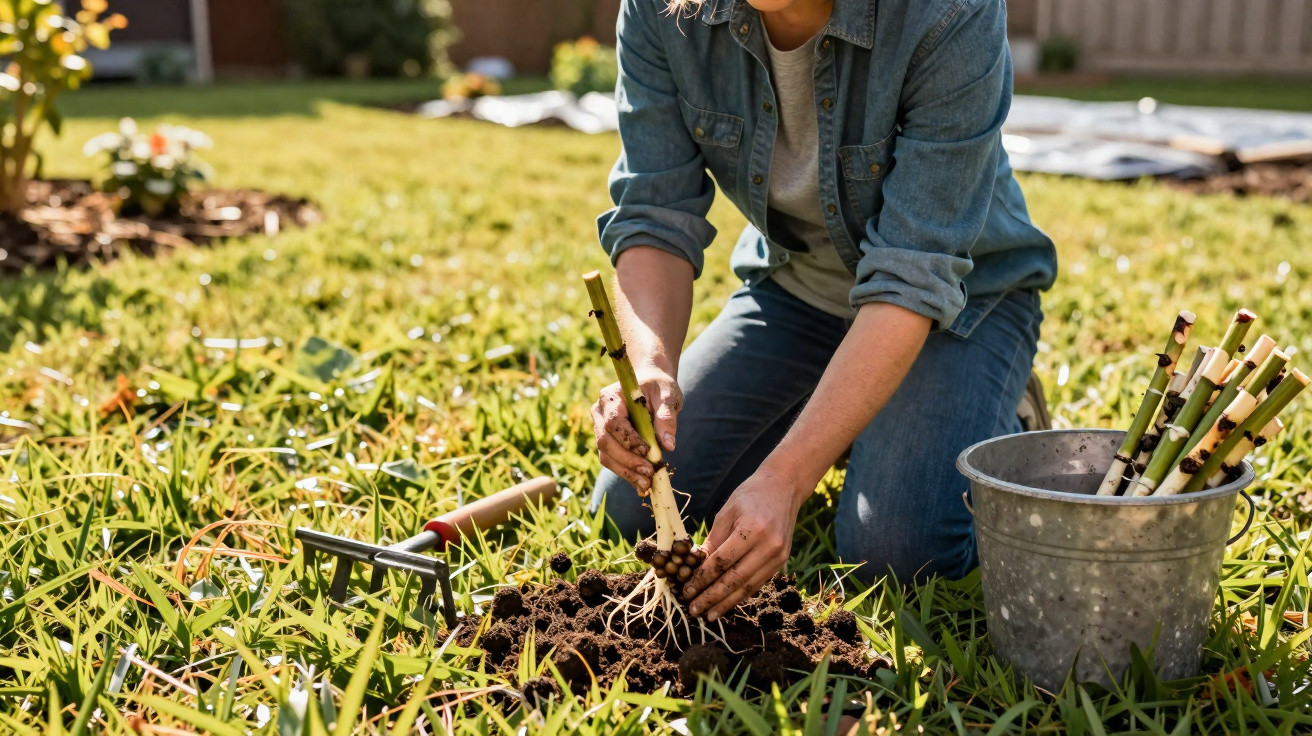 Person planting bamboo shoots in soil on a sunny day with gardening tools and a bucket nearby.