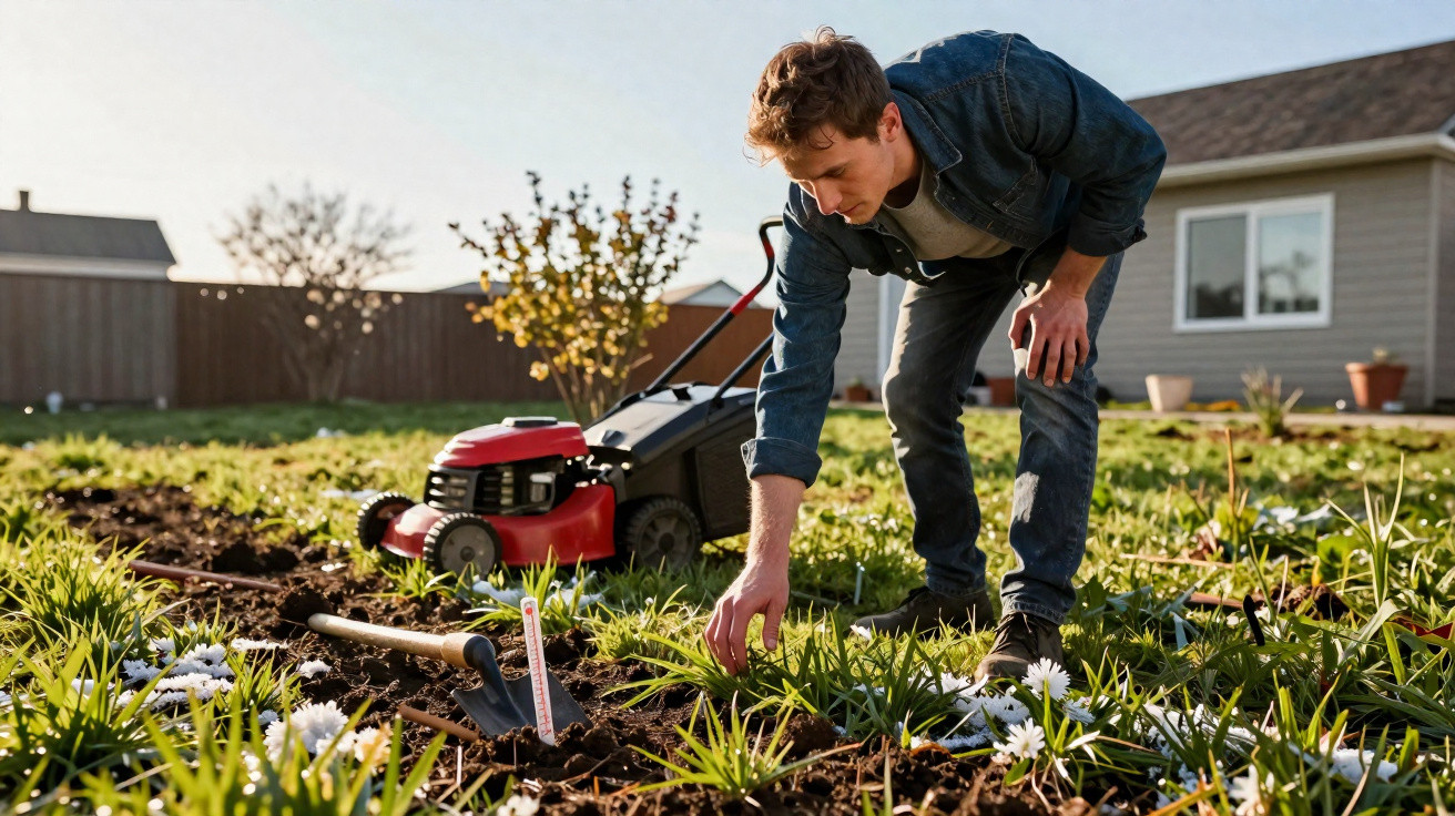 Man weeding a garden bed with lawn mower and gardening tools nearby in a suburban backyard.