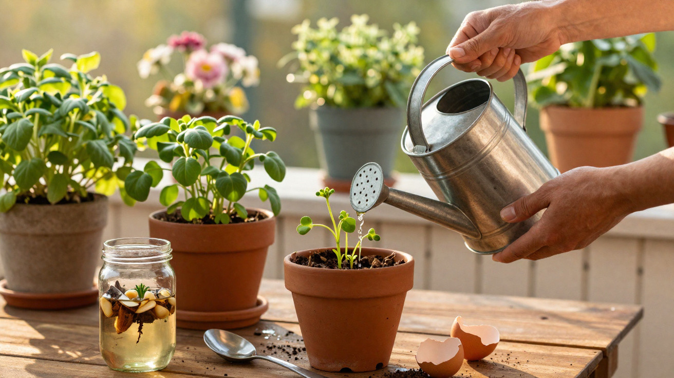Hands watering a small plant in a terracotta pot on a wooden table with other potted plants nearby.
