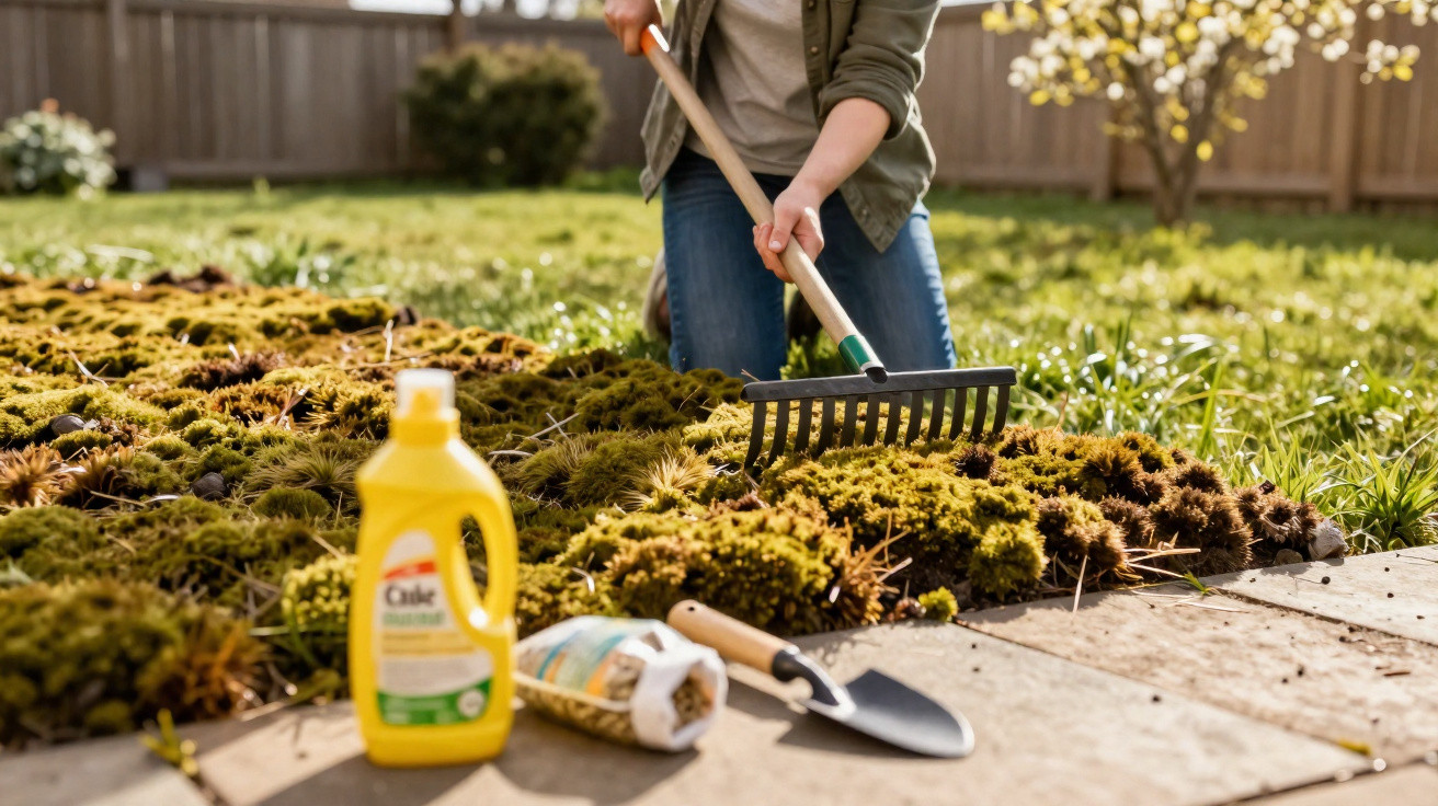 Person using a rake to clear moss from a garden patch with gardening tools and weed killer on the path nearby.