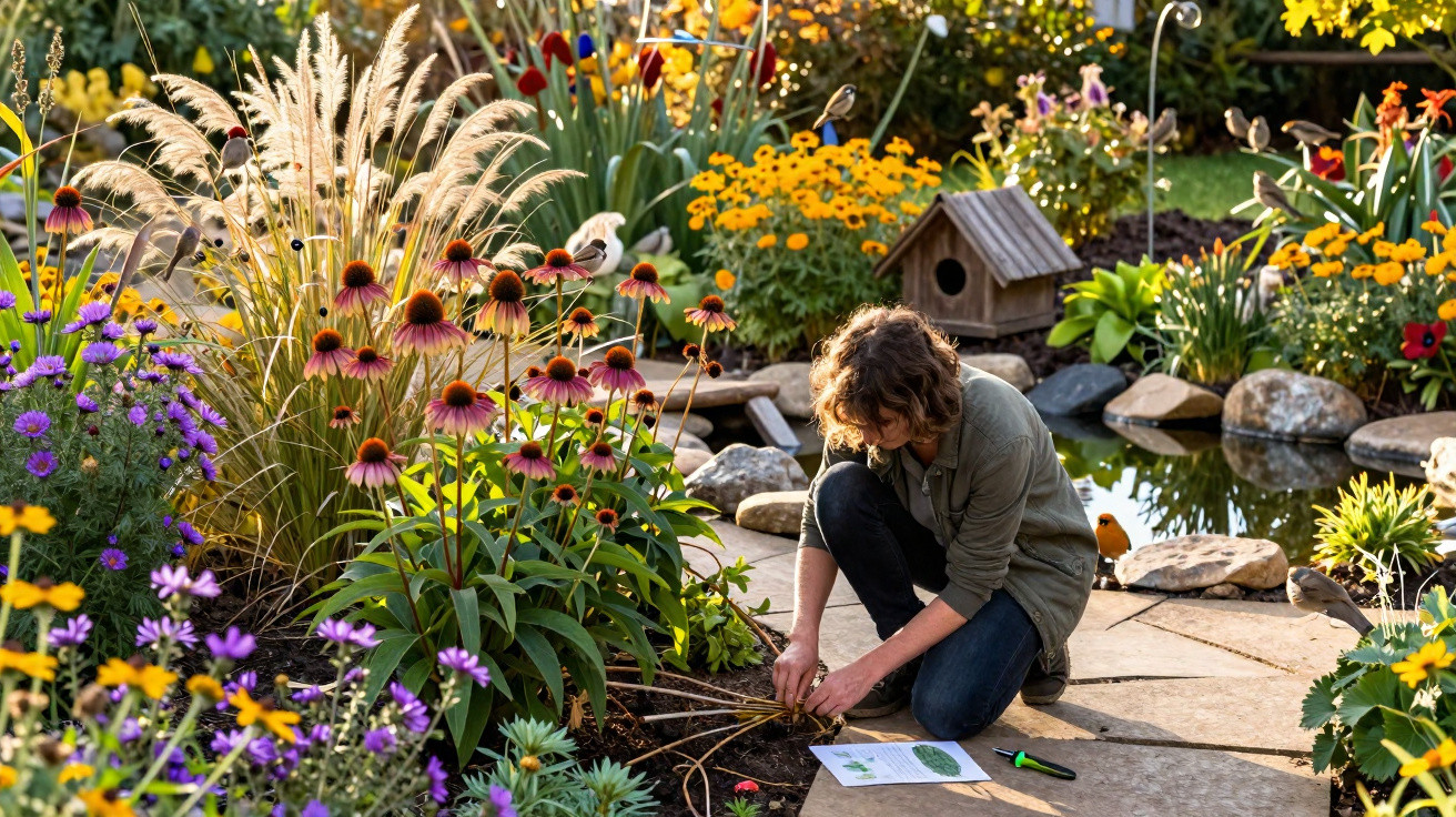Person planting flowers in a vibrant garden with a pond, birdhouse, and various colourful plants.
