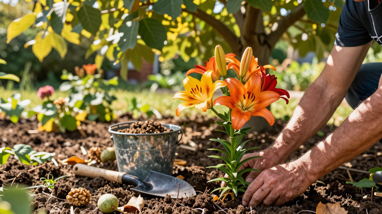 Person planting vibrant orange lilies in a garden bed with gardening tools and a metal bucket nearby.