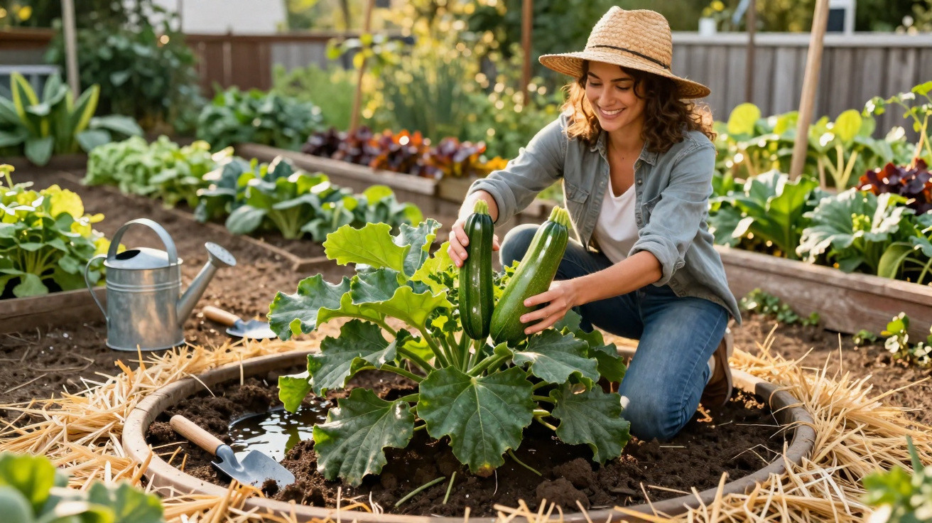 Woman in a straw hat harvesting large zucchinis in a raised garden bed surrounded by greenery and gardening tools.
