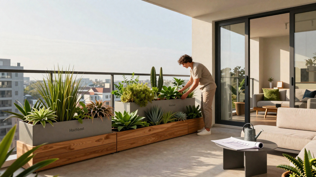 Person tending to plants in wooden planters on a modern sunny apartment balcony with city view.