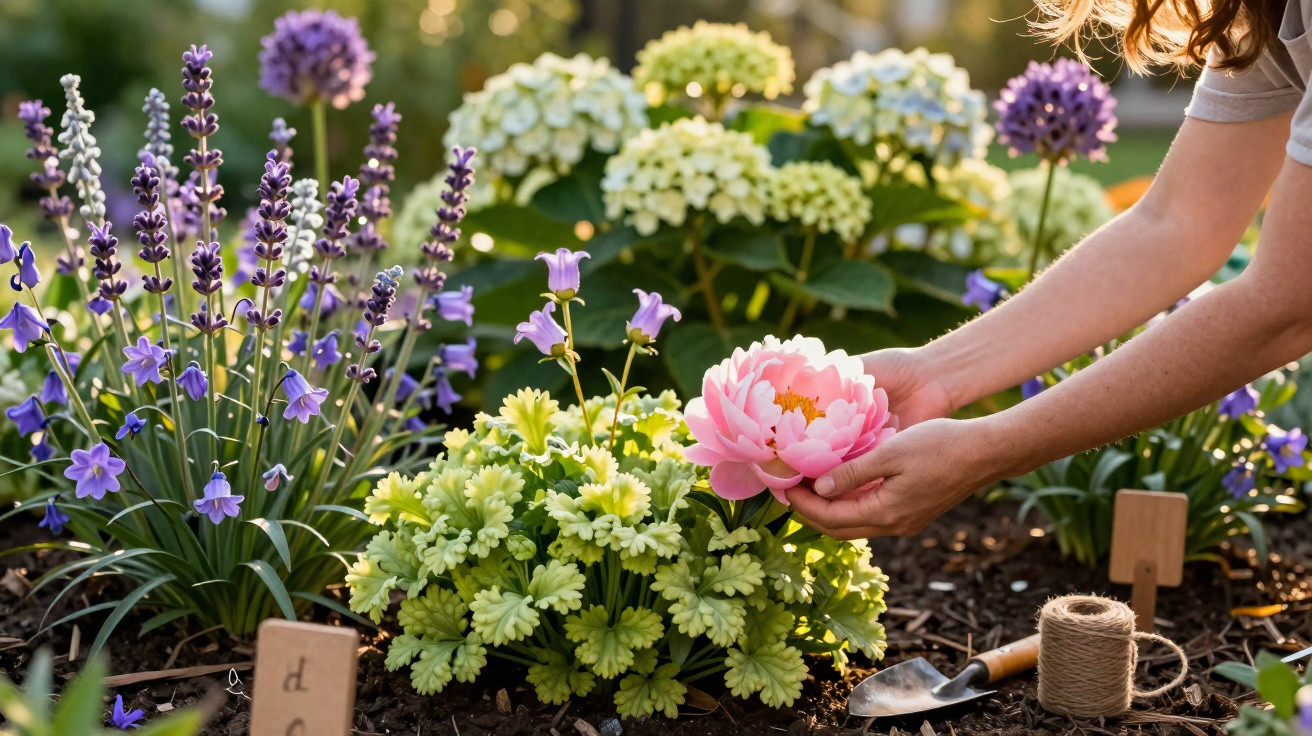 Person tending a garden bed with blooming pink peony, purple flowers, green foliage, and gardening tools nearby.