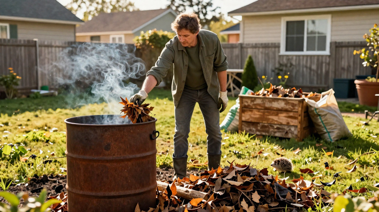 Man wearing gloves burning dry leaves in a rusty metal drum in a sunny garden surrounded by houses.