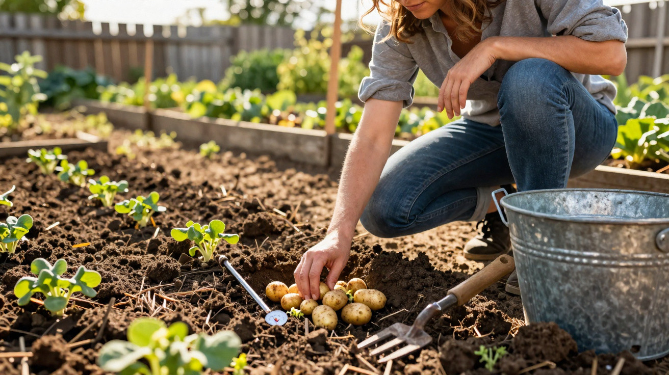 Person harvesting small potatoes in a vegetable garden bed with gardening tools and a metal bucket nearby.