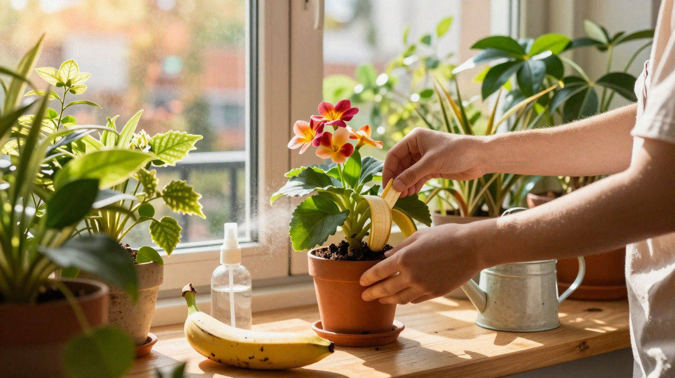 Person fertilising a flowering plant with a banana peel on a sunny windowsill with other potted plants.