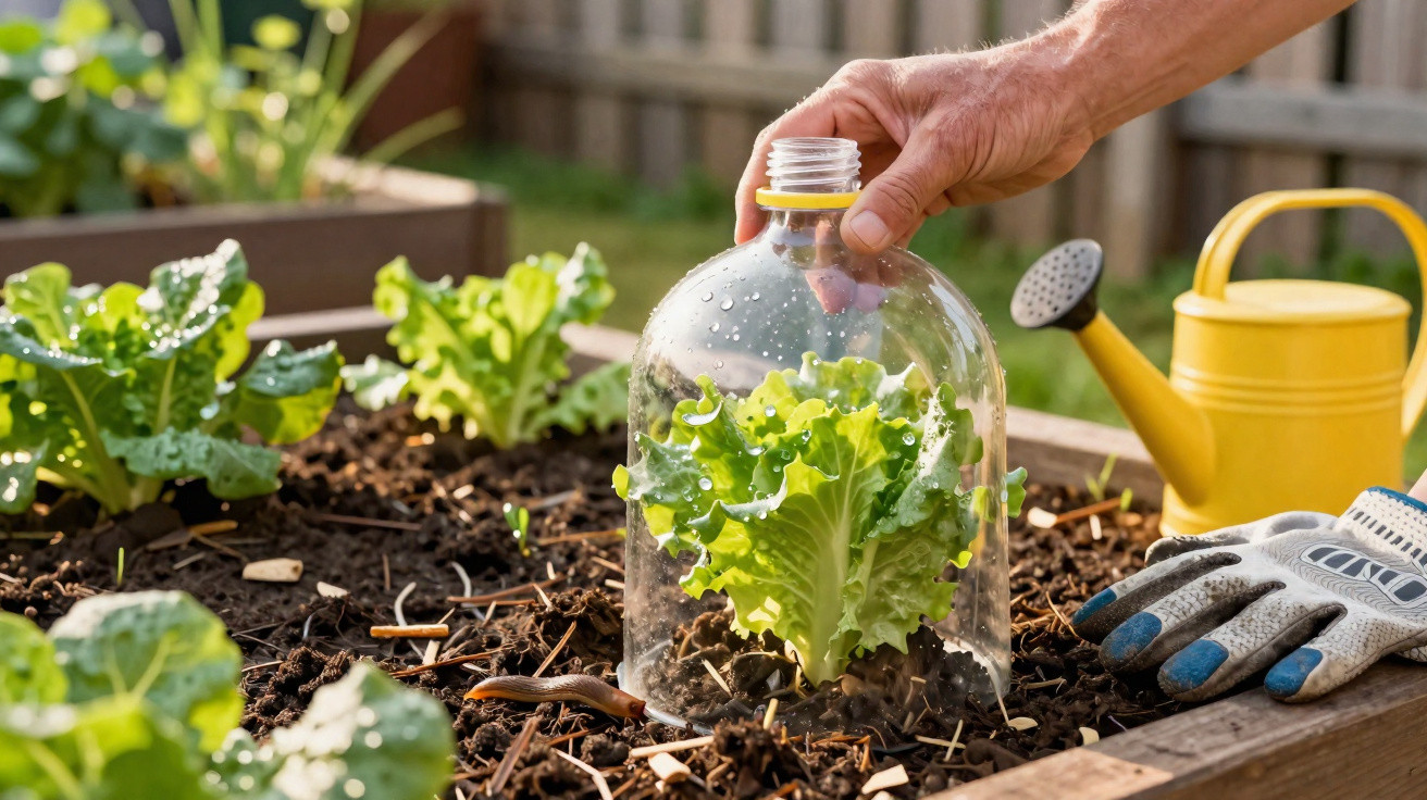 Hand placing a plastic bottle cloche over a lettuce plant in a raised garden bed with gloves and yellow watering can nearby.