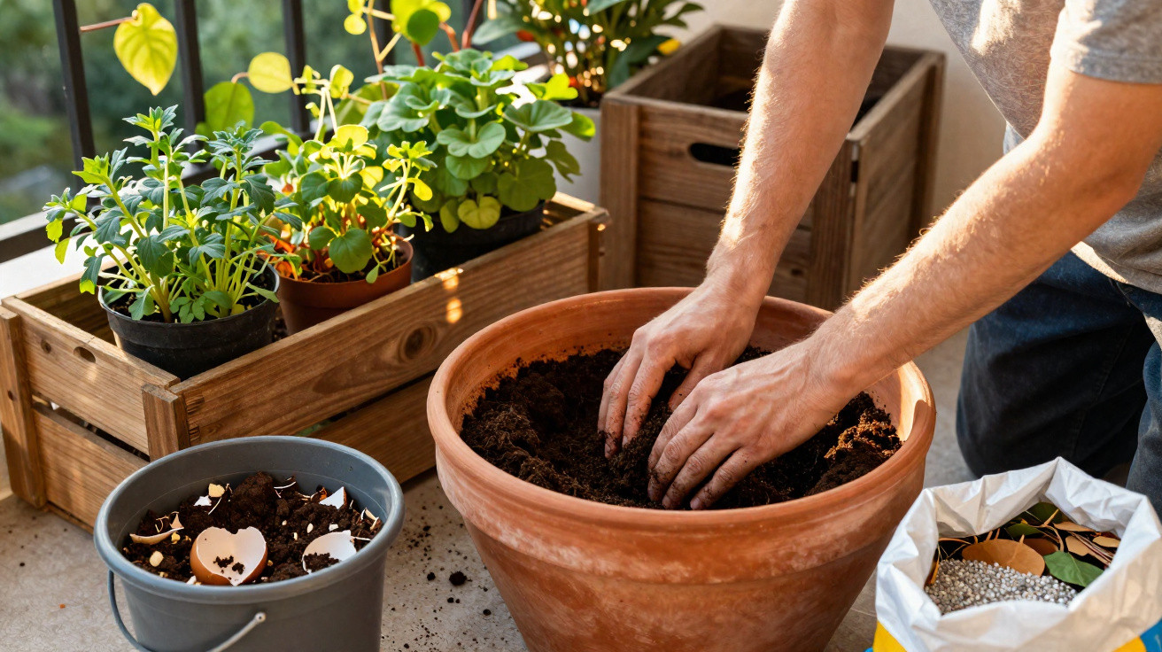Person potting soil into a large terracotta plant pot on a balcony with seedlings and gardening materials nearby.