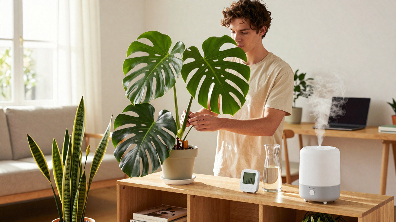 Young man tending to large monstera plant on wooden shelf in bright living room with humidifier and digital thermometer.