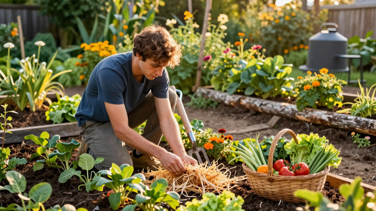 Young man gardening and spreading straw mulch in a vegetable and flower garden during golden hour.