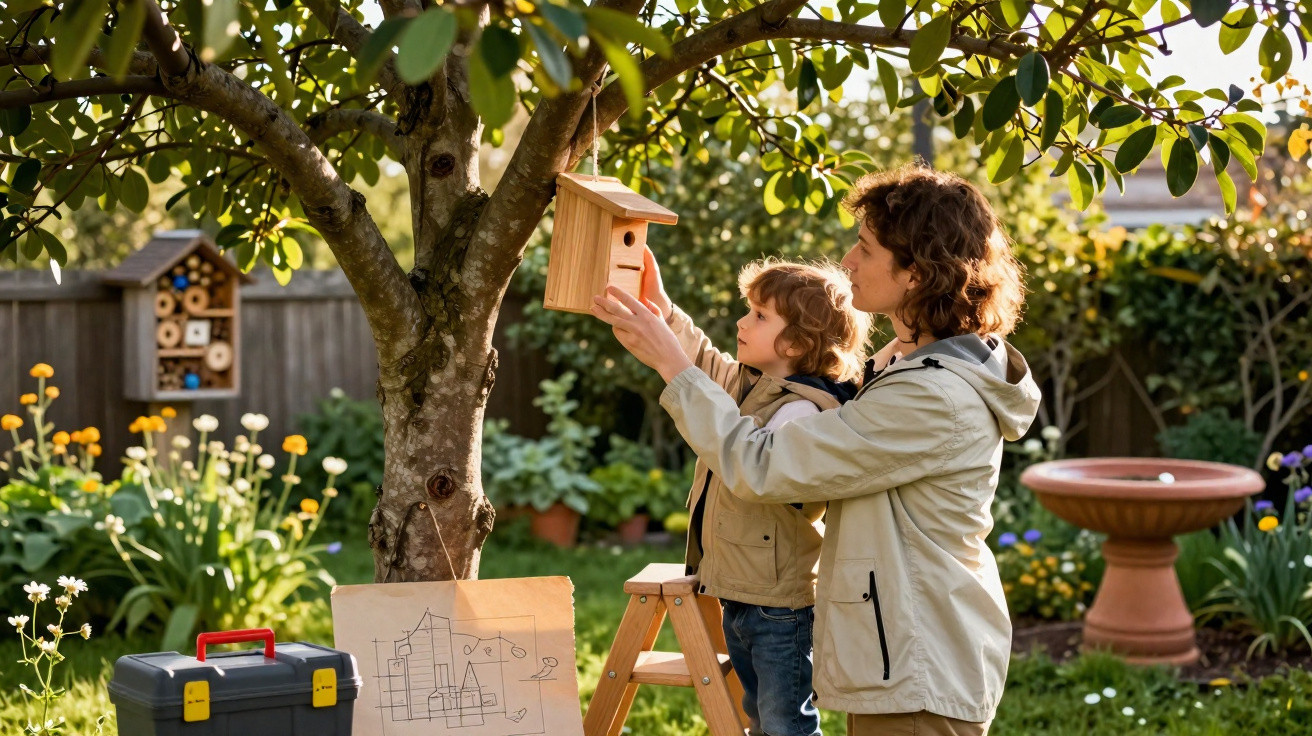 Adult and child hanging a birdhouse on a tree in a sunny garden with flowers and a toolbox nearby.