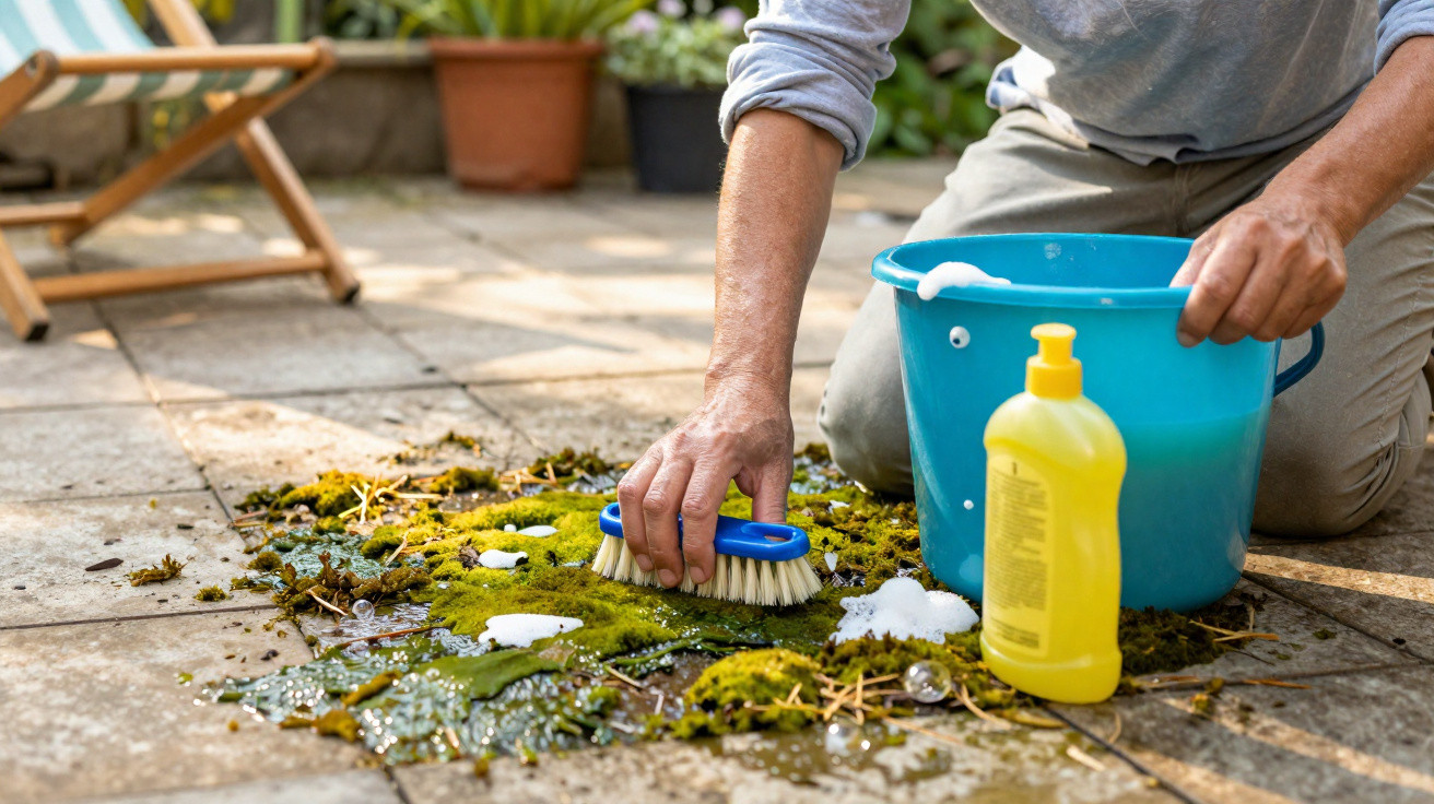 Person scrubbing moss off patio tiles using a brush, bucket, and yellow cleaning detergent bottle.