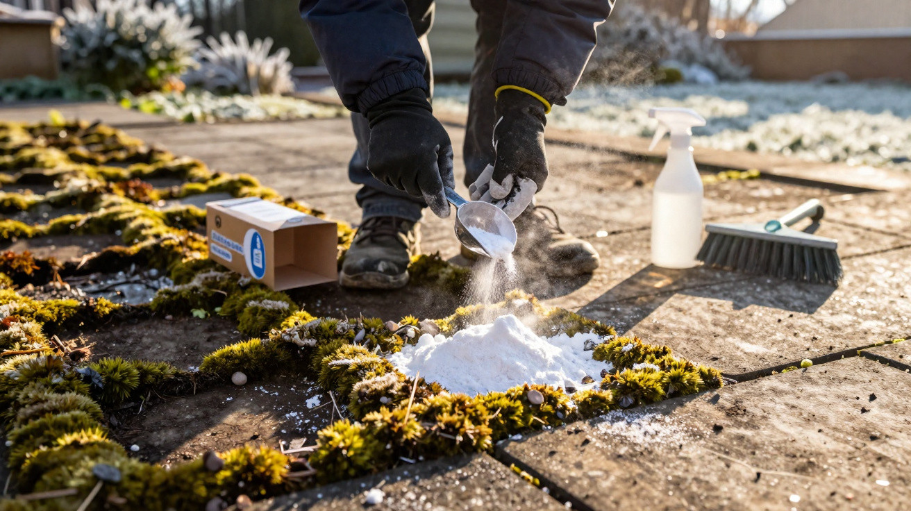 Person wearing gloves sprinkling white powder over moss growing between patio paving stones on a sunny day