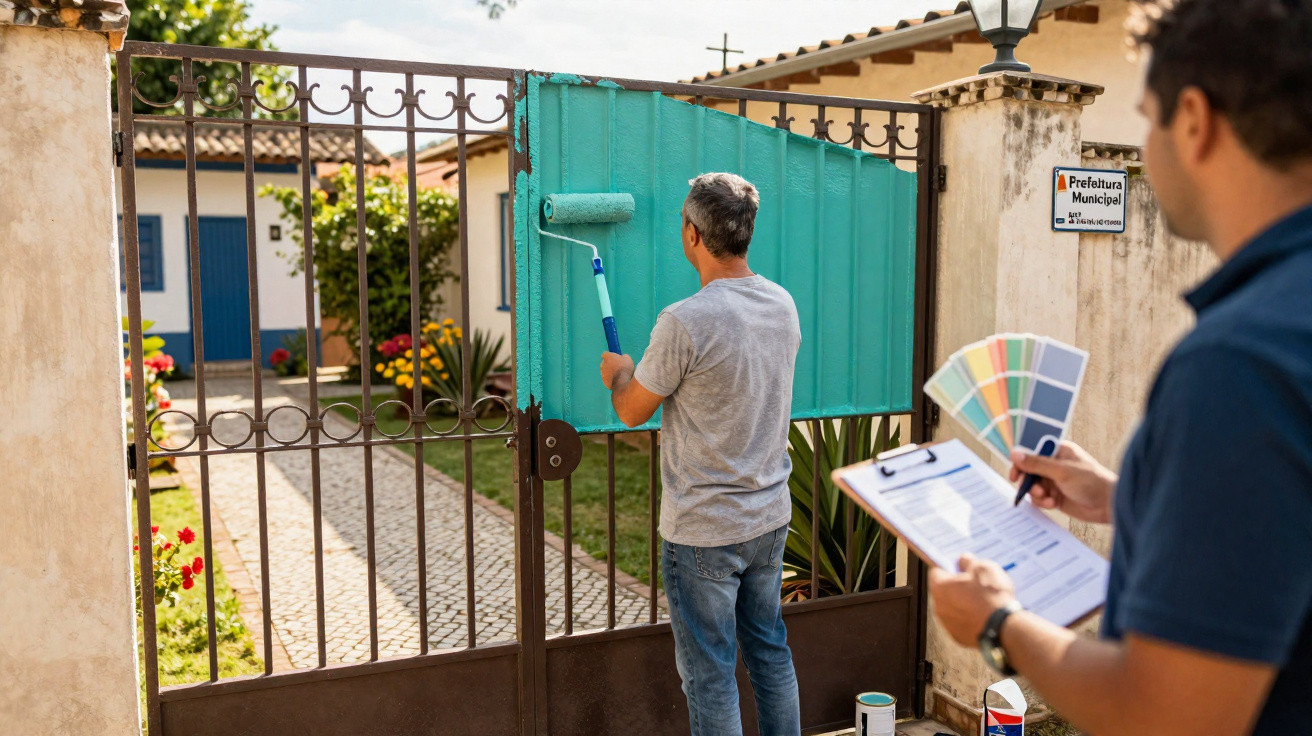 Man painting a metal gate turquoise while another person holds paint swatches and clipboard outdoors.