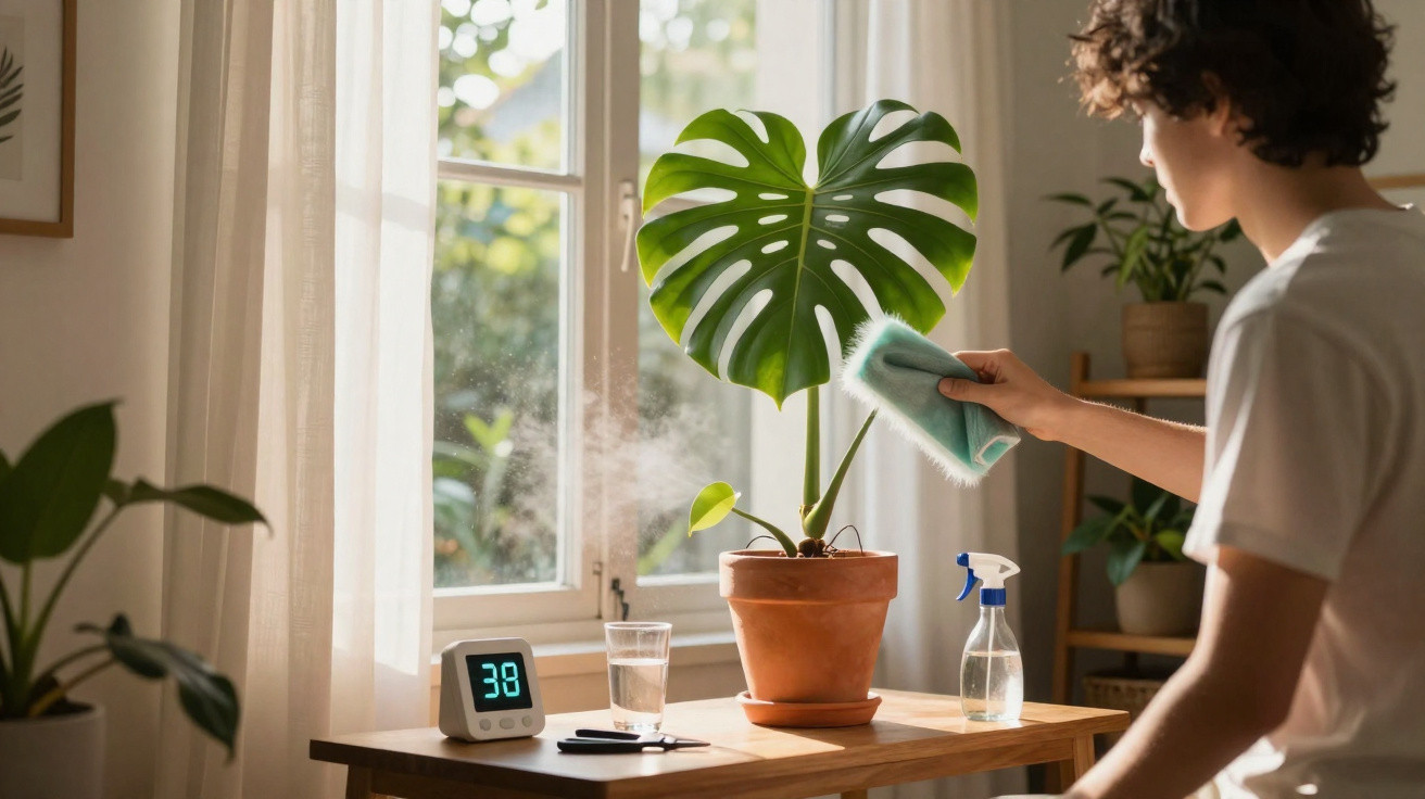 Person cleaning a large Monstera plant leaf by a sunlit window with plant care items on a wooden table.