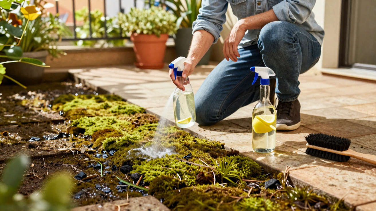 Person spraying liquid from a bottle onto moss in a garden bed beside a tiled patio with a scrub brush nearby.