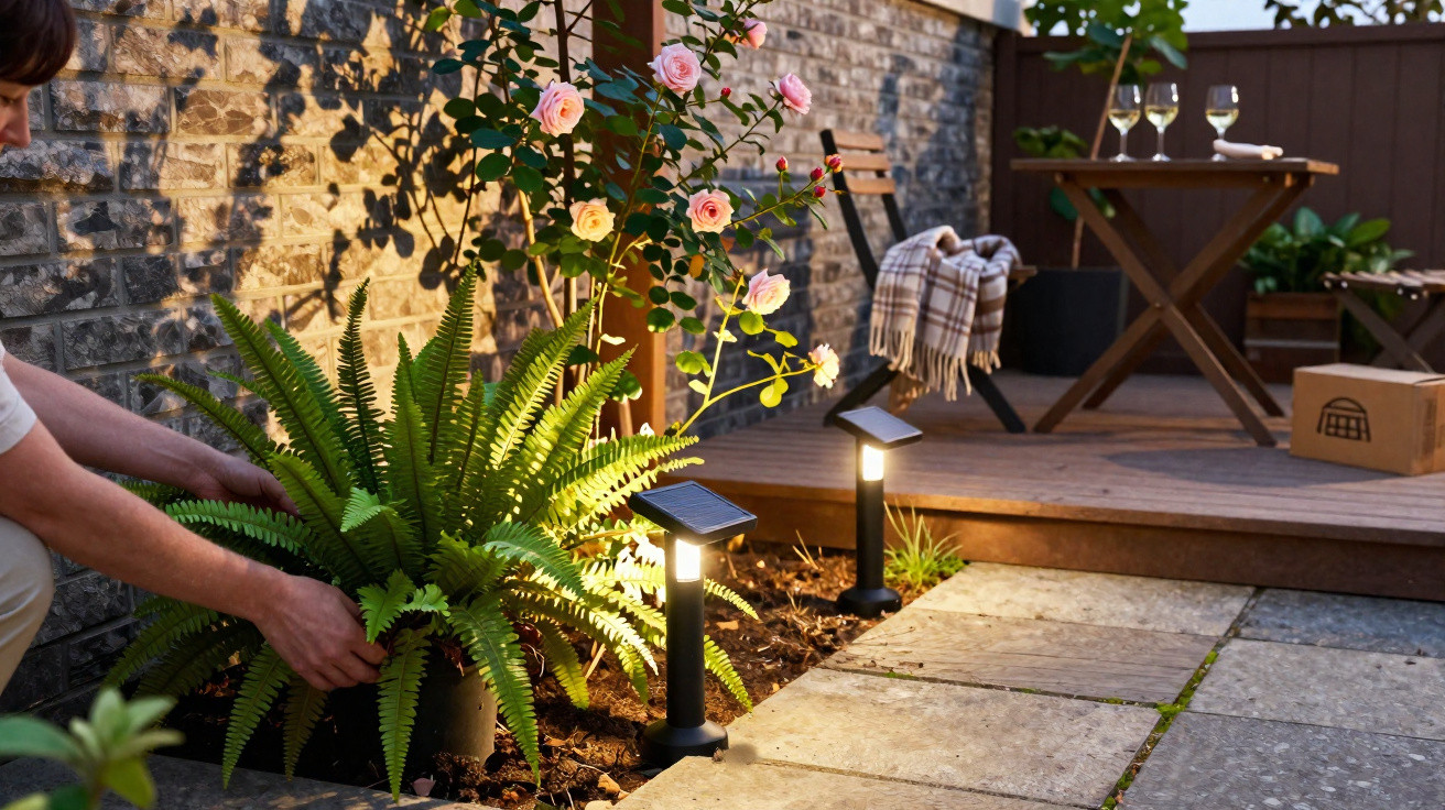 Person planting a fern next to pink roses with solar garden lights on a patio at dusk.