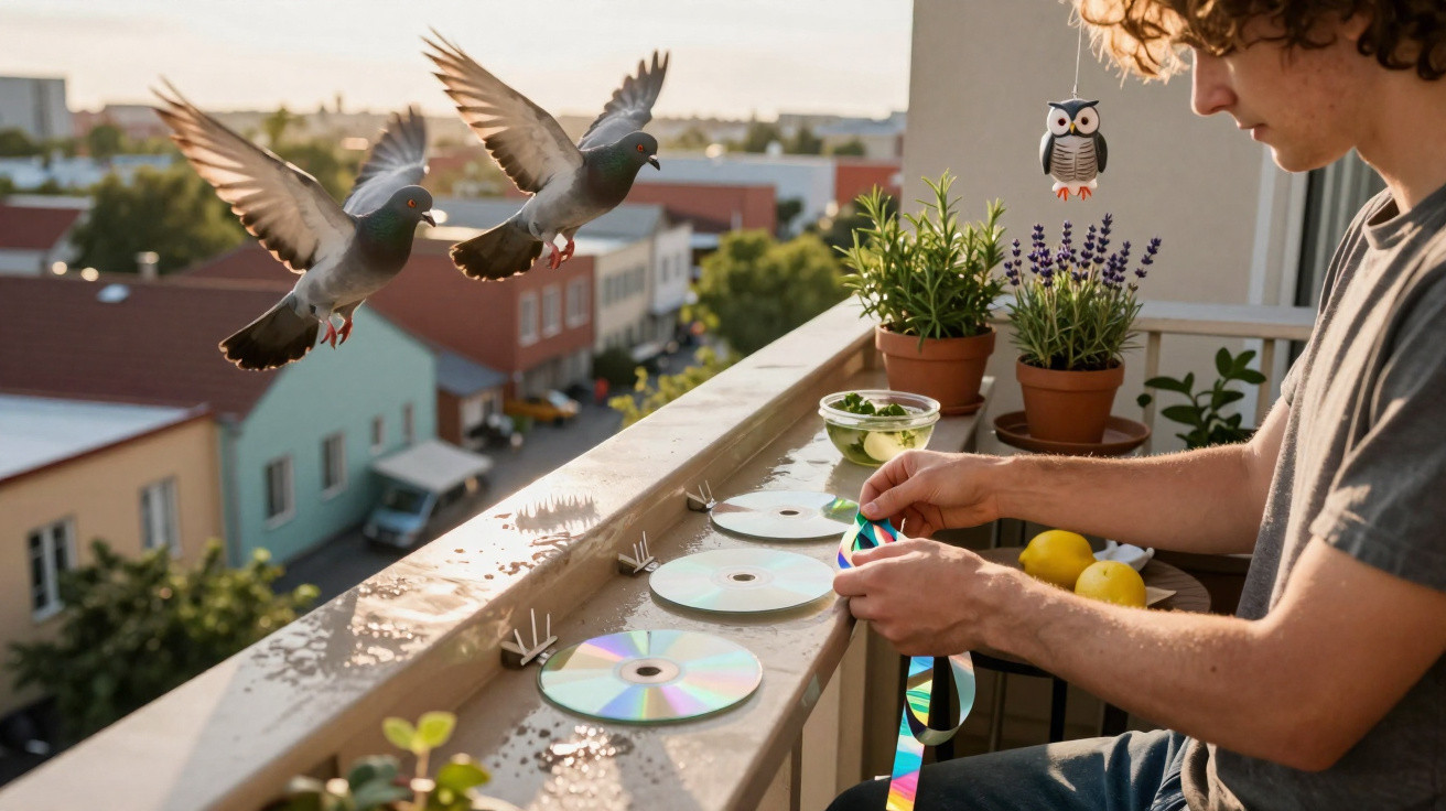 Person on balcony using CDs and reflective tape to deter two flying pigeons nearby.