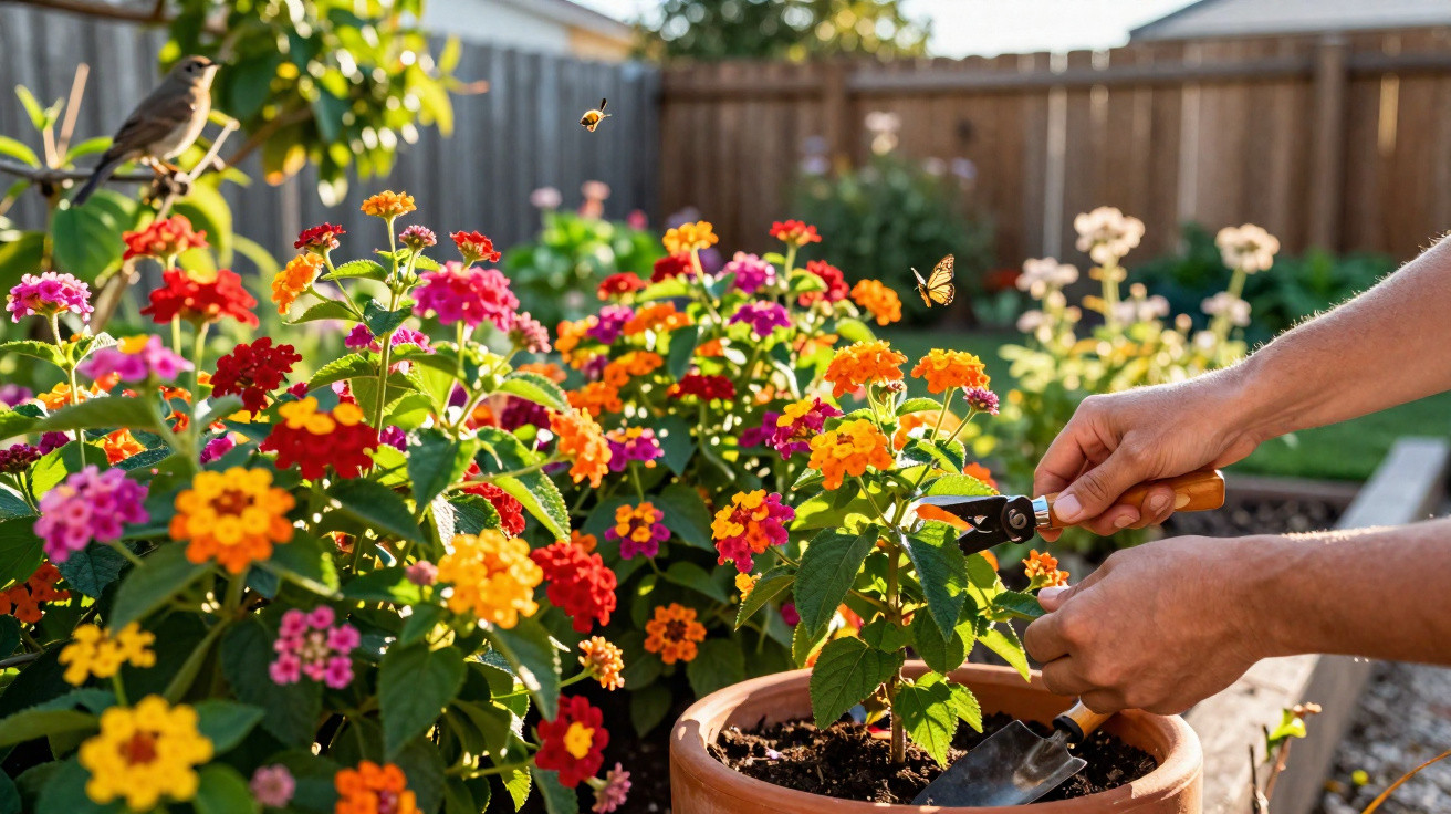 Hands pruning a colourful lantana plant in a terracotta pot with birds and butterflies nearby in a sunny garden.