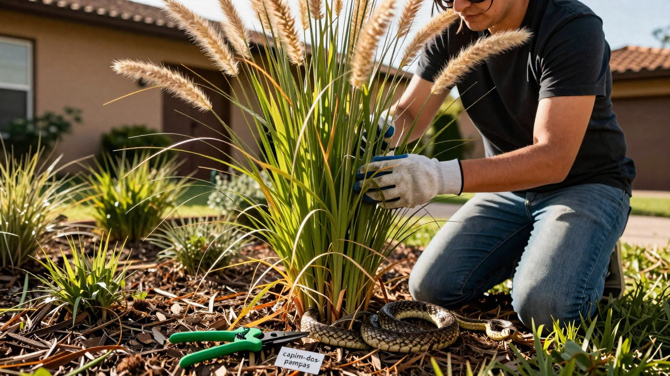 Person kneeling while gardening near pampas grass with a snake coiled on mulch beside gardening tools.