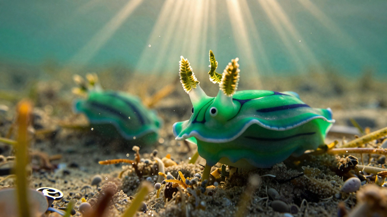 Close-up of vibrant green sea slugs on sandy ocean floor with sunlight streaming from above.