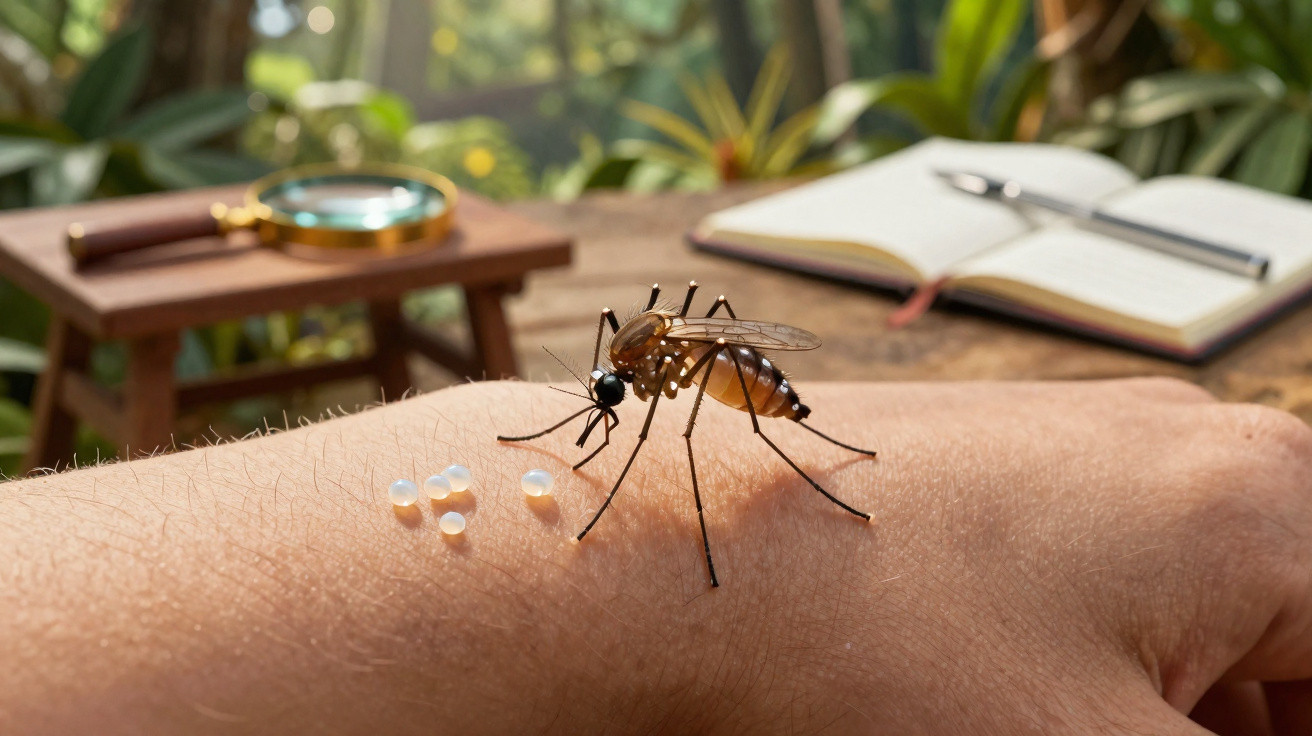 Close-up of a mosquito laying eggs on a person's forearm with a magnifying glass and notebook in the background.