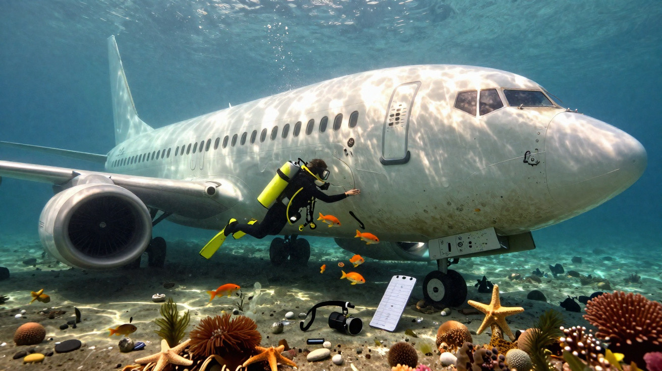 Scuba diver exploring a submerged airplane surrounded by coral, starfish, and orange fish on the sea floor.
