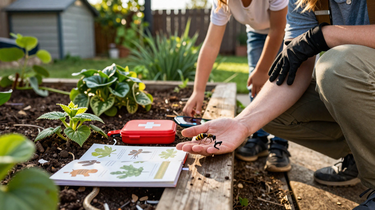 Adult and child observing a large wasp on an outstretched hand in a garden with a guidebook and medical kit nearby.