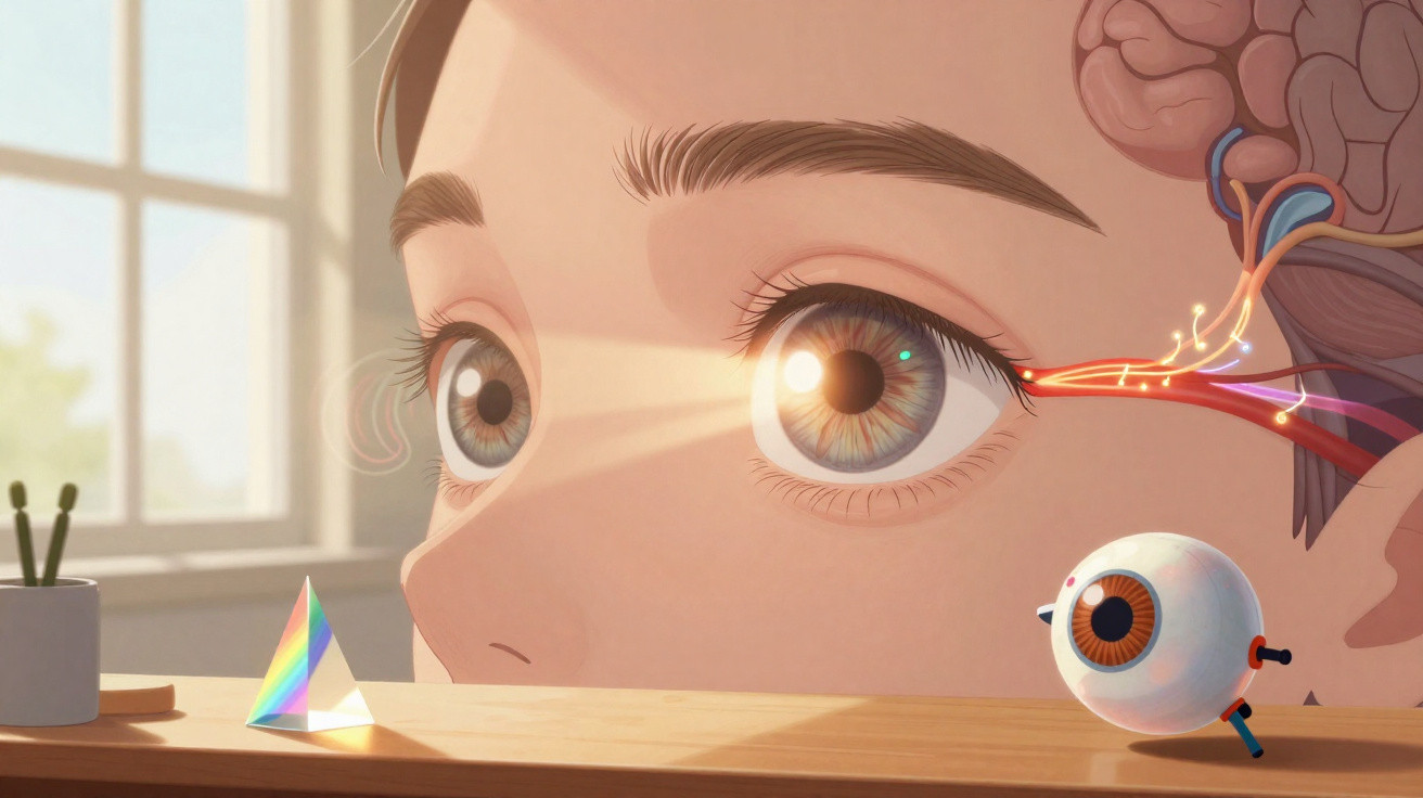 Close-up illustration of a human eye showing light entering and connecting to the brain and an eyeball model on a desk.
