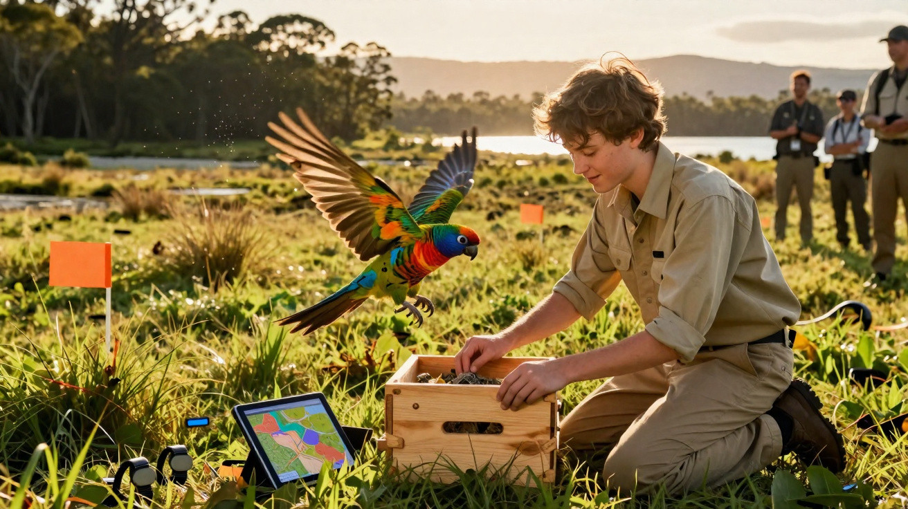 Young person releasing a colourful parrot into the wild in a grassy wetland area at sunset.