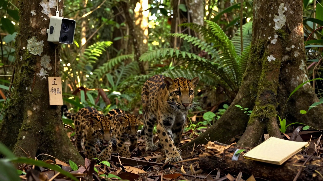 Three clouded leopards walking through dense forest near a camera trap and a notebook on the ground.